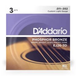 See All D'Addario - EJ26-3D - 3 Pack Phosphor Bronze Custom Light 11-52 - Acoustic Guitar Strings