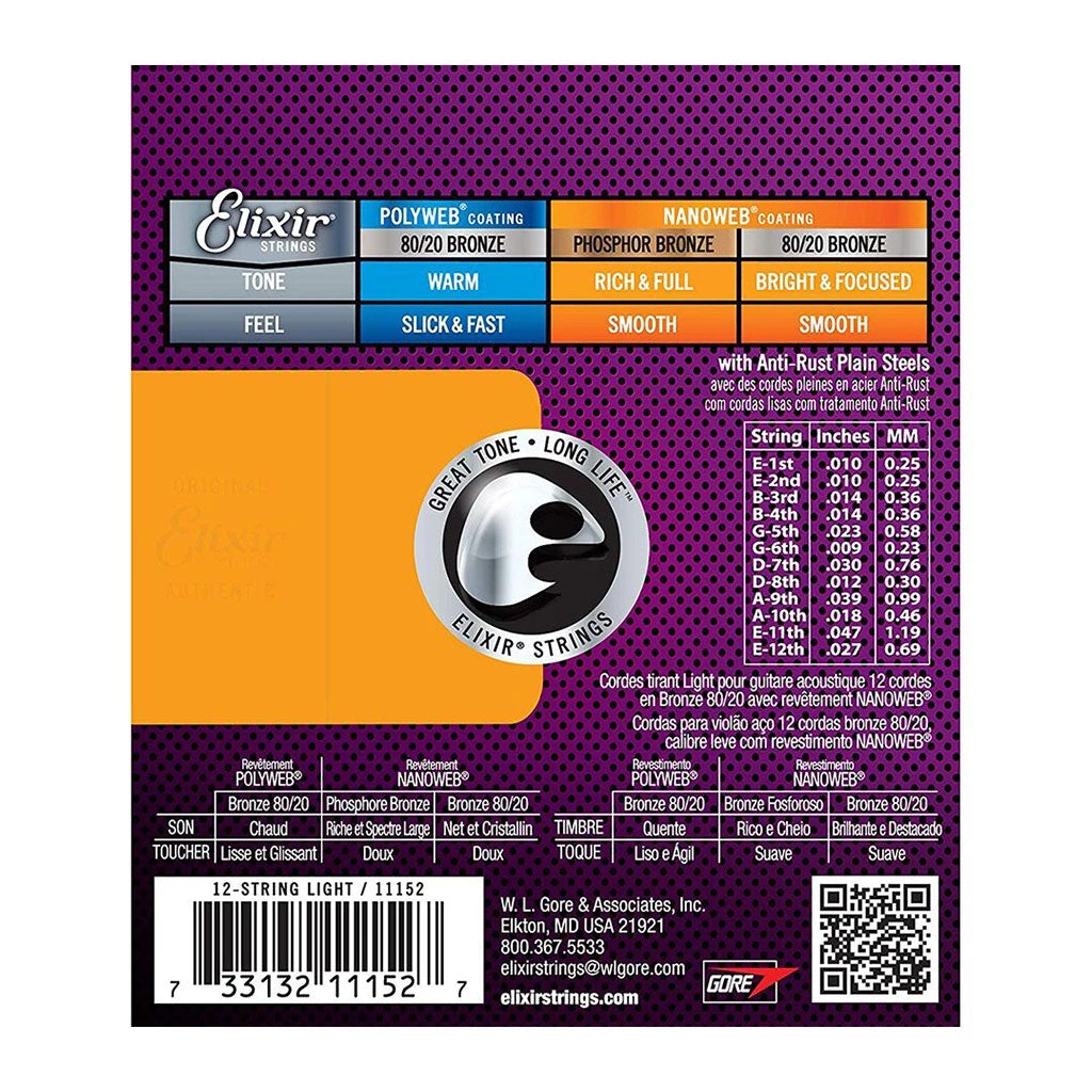 Elixir 11152 - Nanoweb 80/20 Bronze Light 10-47 12-String Acoustic Guitar Strings See All